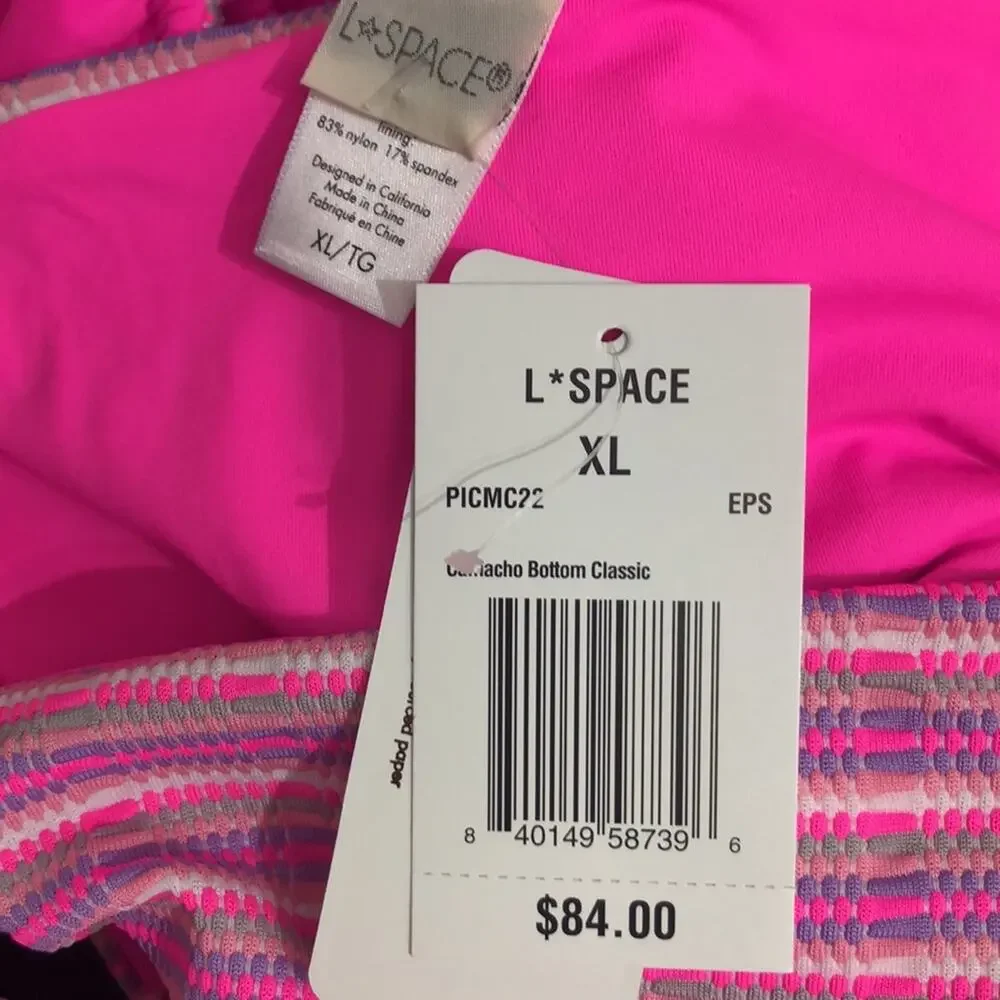 L*Space Bikini Brittany Top Camancho Bottom Electric Pink Pique Stripe XL NWT